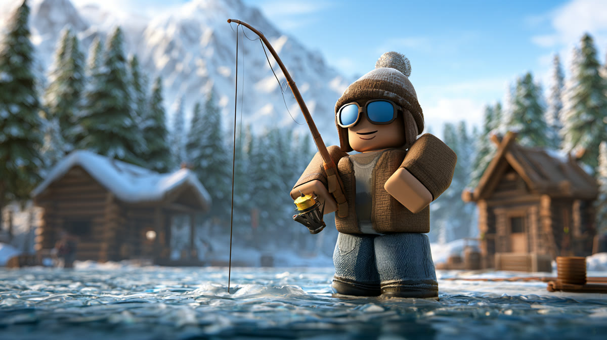 A Roblox character ice fishing in front of snowy log cabins